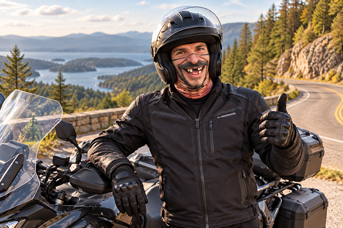 Motocyklista w kasku i masce z nadrukiem twarzy przy motocyklu na górskiej drodze