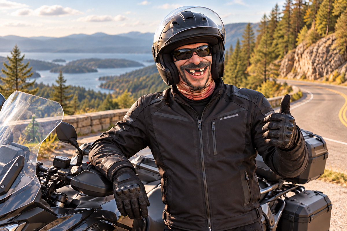Motocyklista w kasku i masce z nadrukiem twarzy przy motocyklu na górskiej drodze